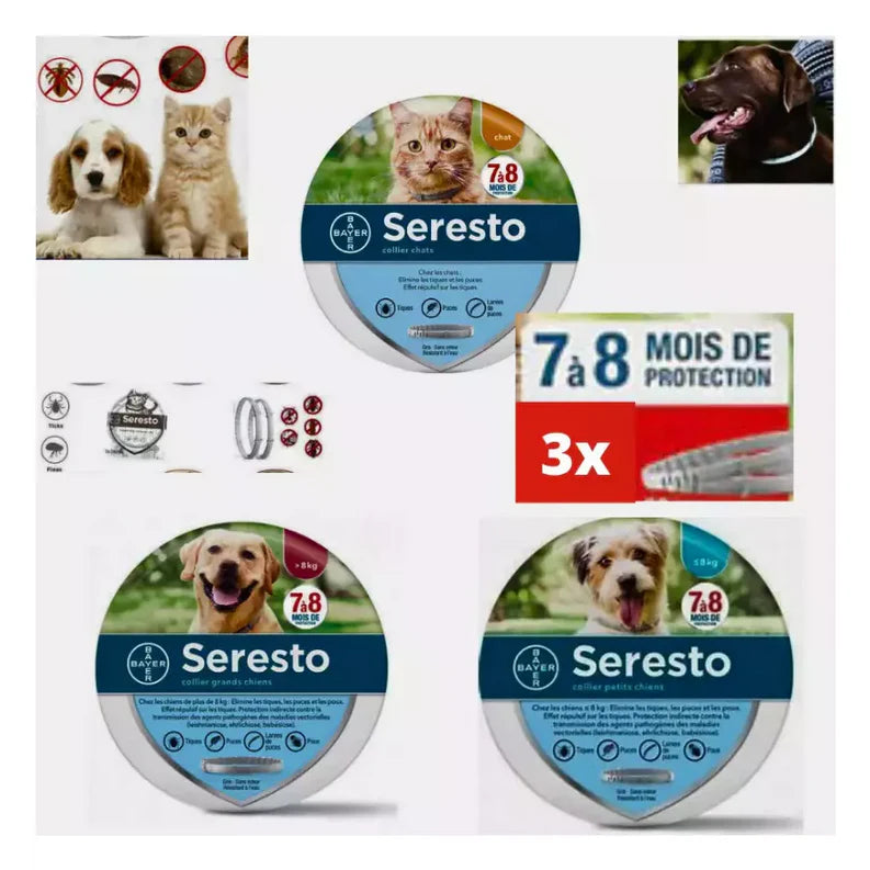 6 boites de collier seresto anti-puces et anti-tiques pour grands chiens et chat,  avec photo et détails du produit.