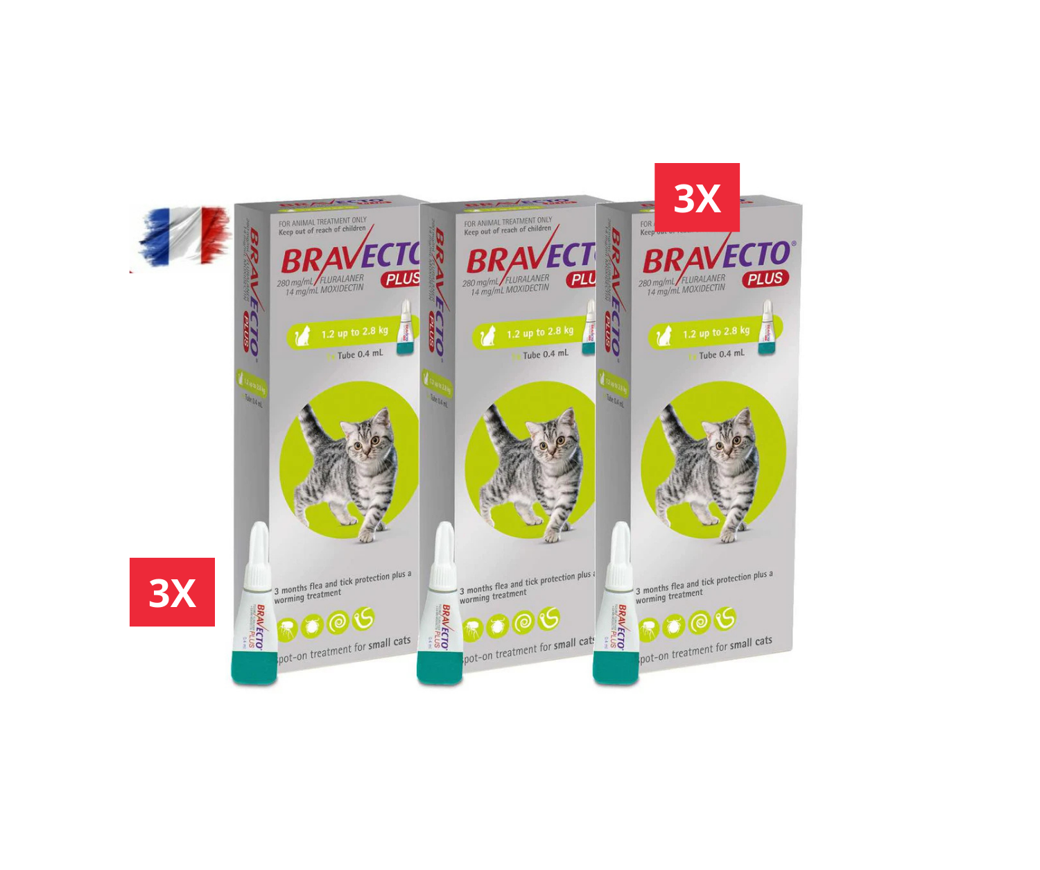 2 Bravecto PLUS Solution topique pour chats 1,2-2,8 kg(2,6-6,2 lbs)-Vert 2 doses