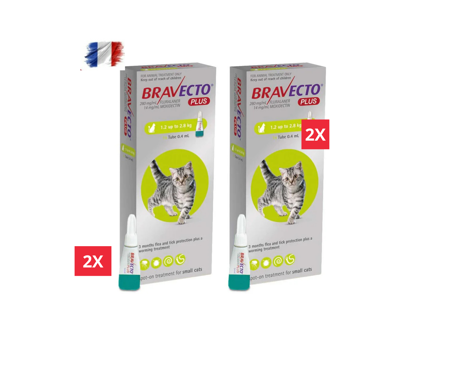 2 Bravecto PLUS Solution topique pour chats 1,2-2,8 kg(2,6-6,2 lbs)-Vert 2 doses