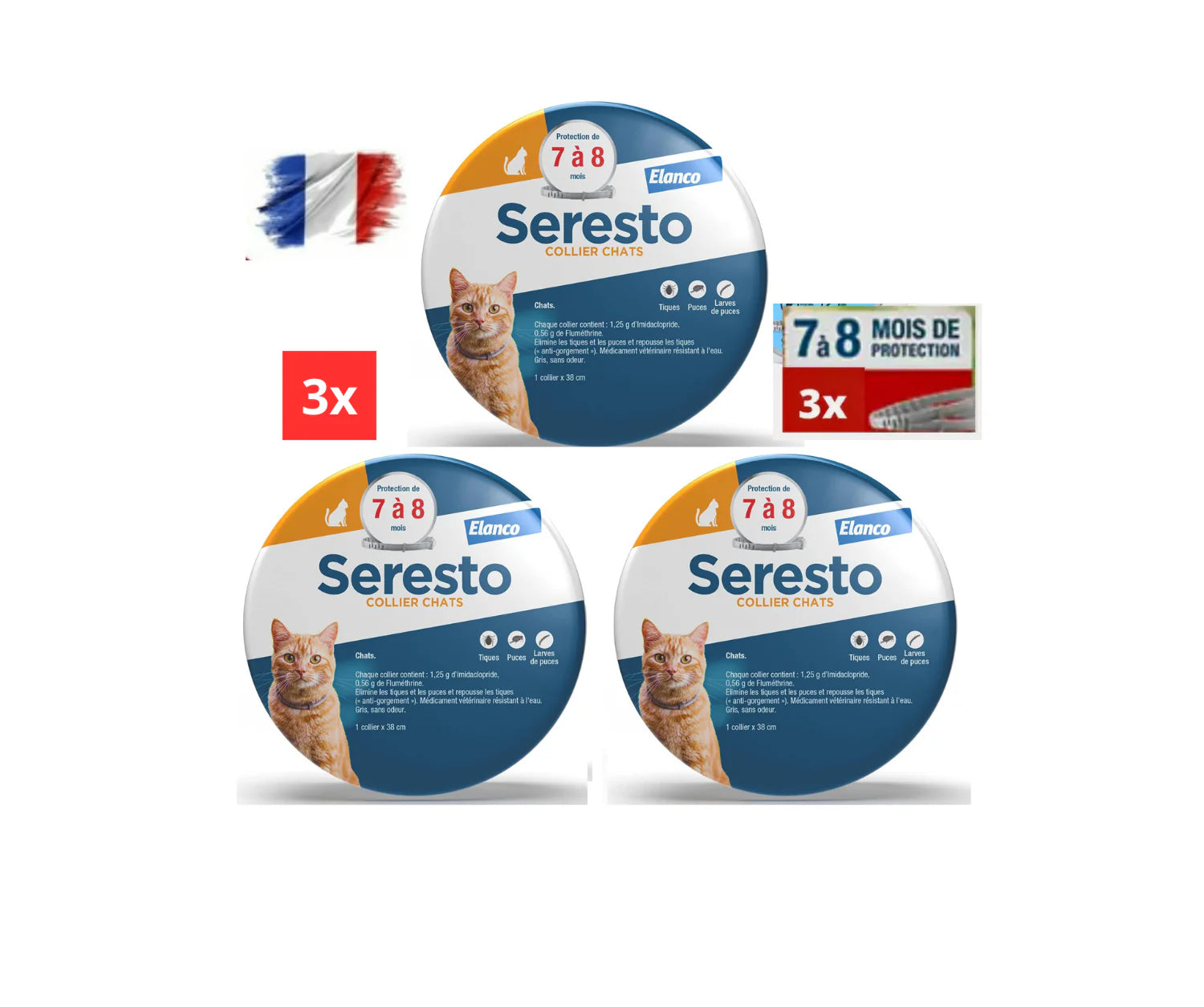 3 PCS Collier Seresto Anti-Puces-Tiques et Antiparasitaire pour chat Lot de 3